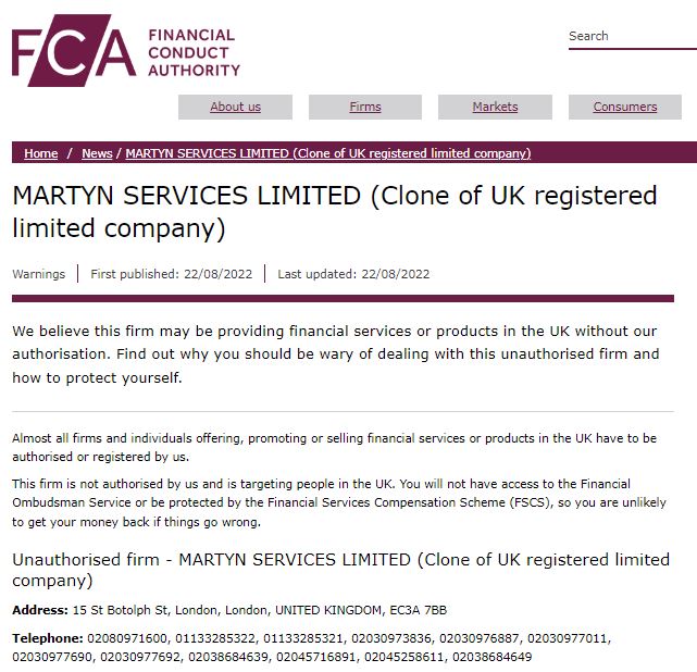 FCA Warning against Martyn Services Limited