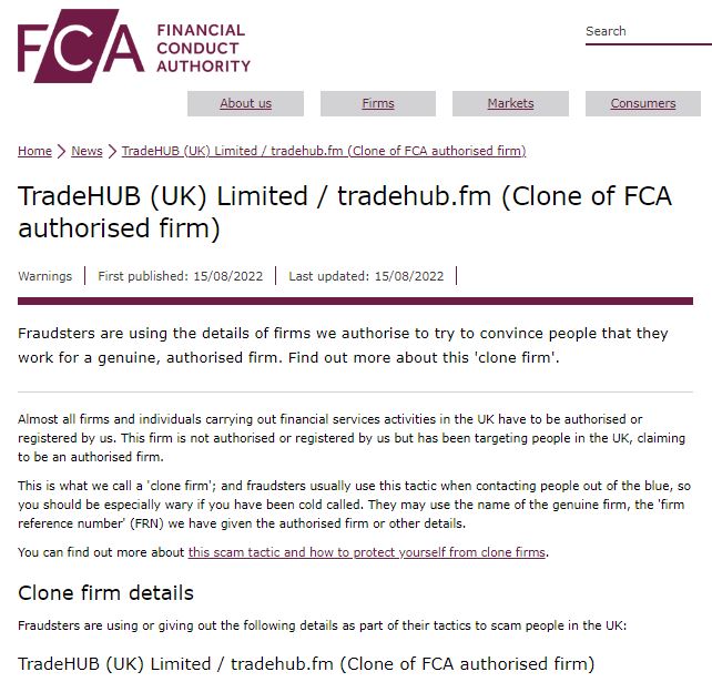 FCA warning Against Tradehub