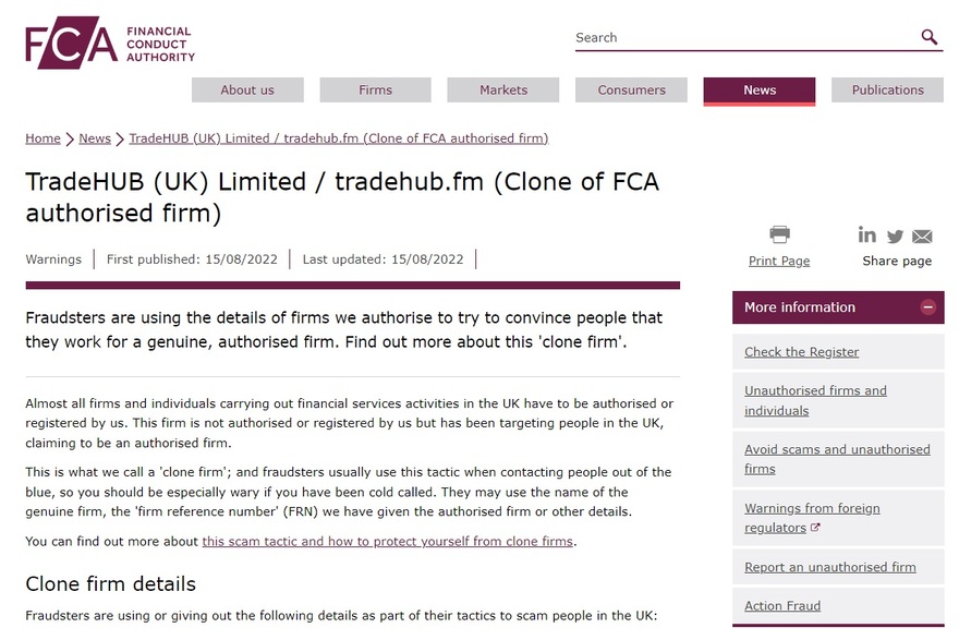 TradeHUB (UK) Limited / tradehub.fm (Clone of FCA authorised firm)