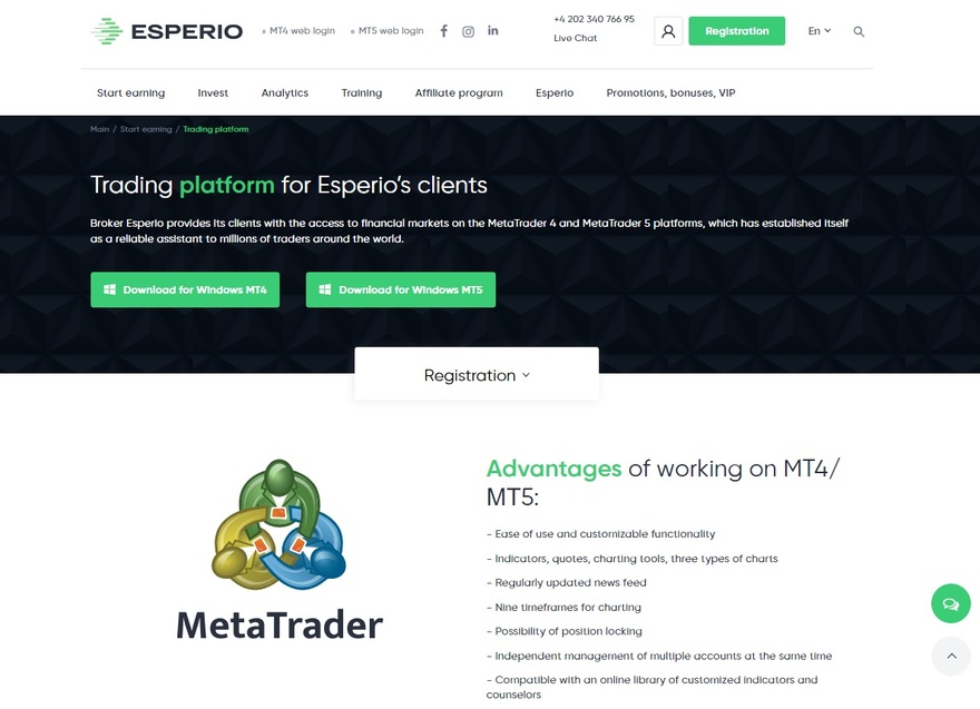 Esperio available trading platforms: MT4 and MT5