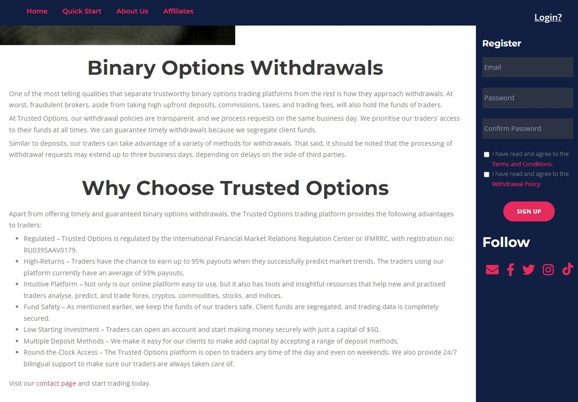 Trusted Options payout options