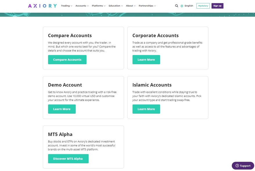 Axiory avaible accounts