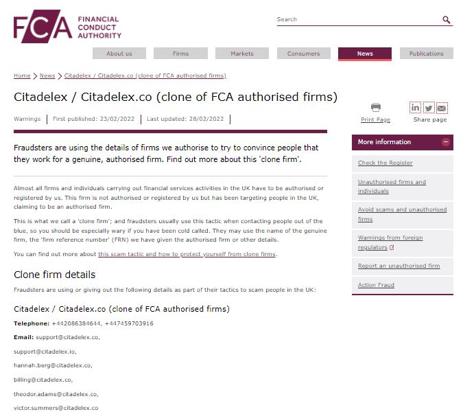 FCA warning on Citadelex