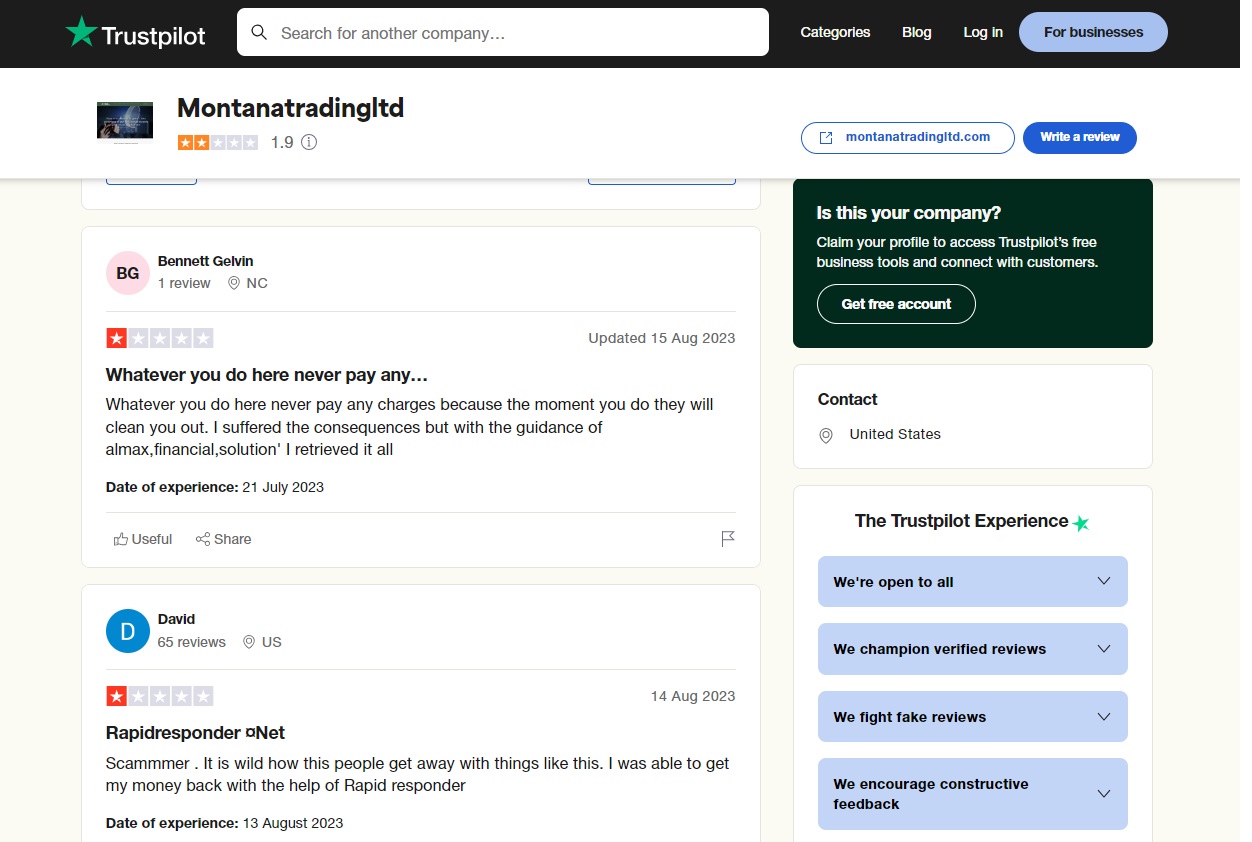 Trustpilot traders reviews of Montana Trading  LTD