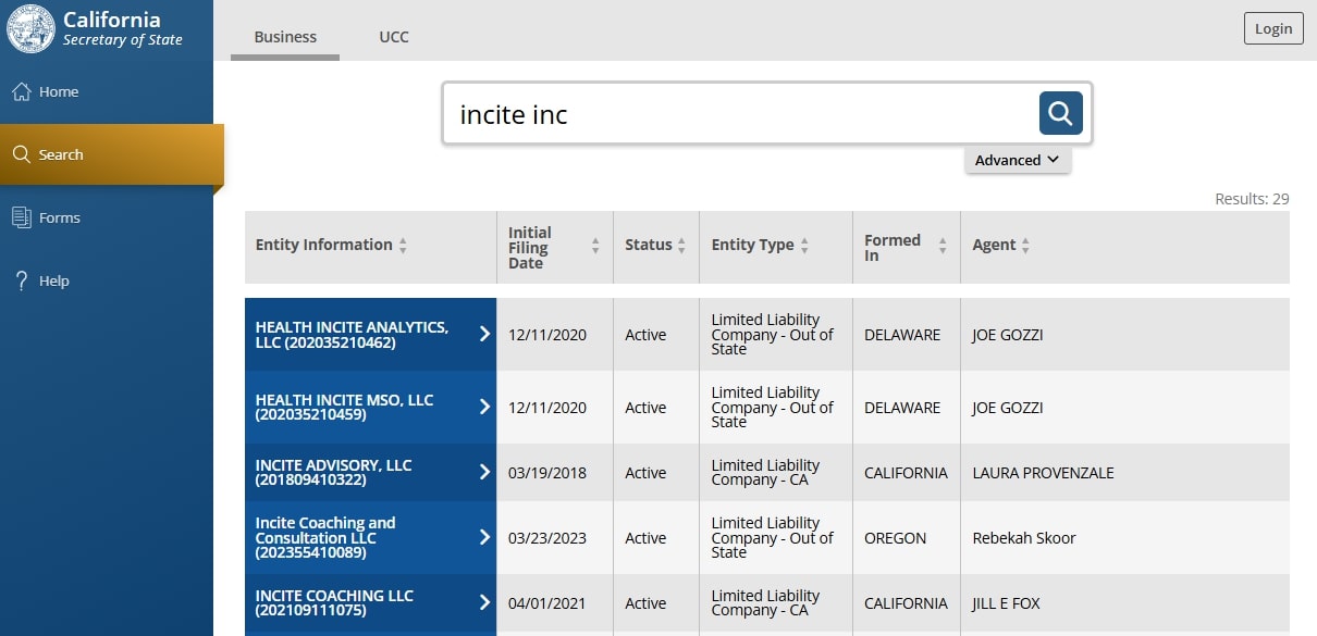 Does not fully match the name of Incite in California