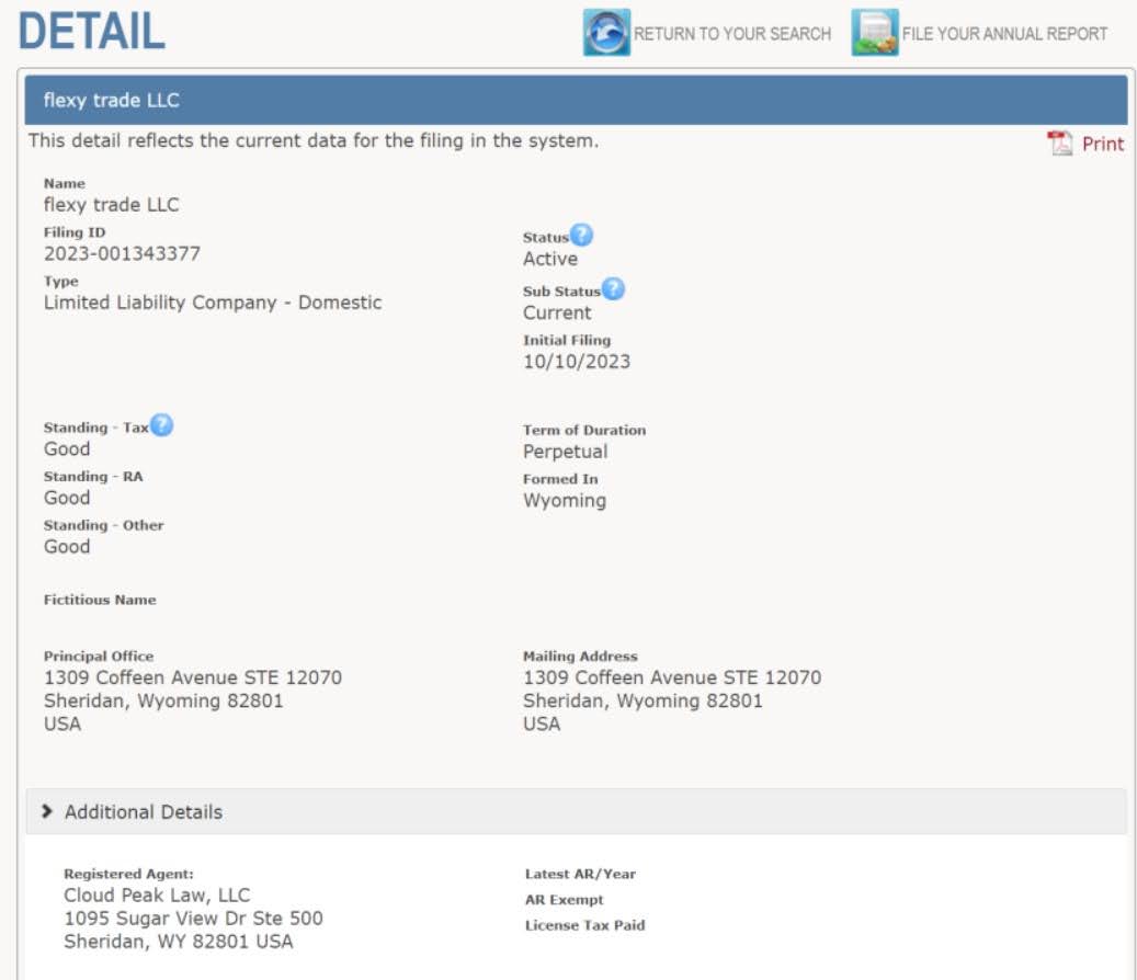 FlexyTrade LLC in the Official State Register