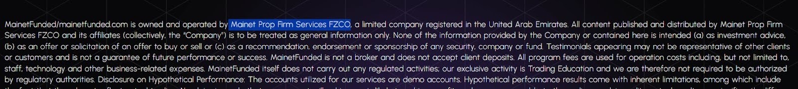 Mainet Prop Firm Services FZCO Disclaimer in the Website Footer