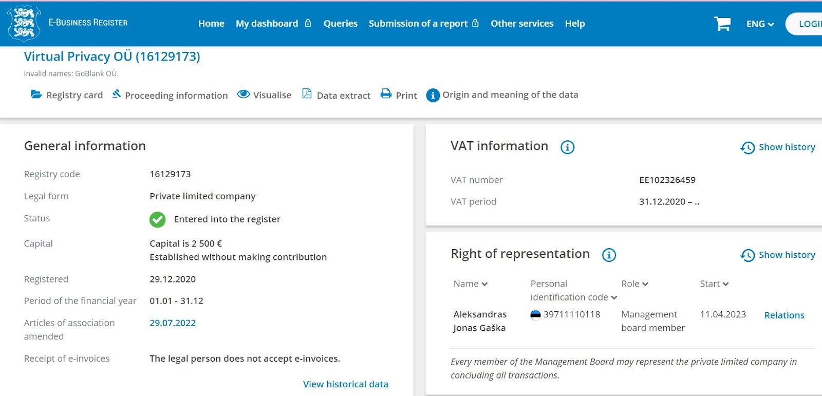 Virtual Privacy AG Information From Estonian Business Register