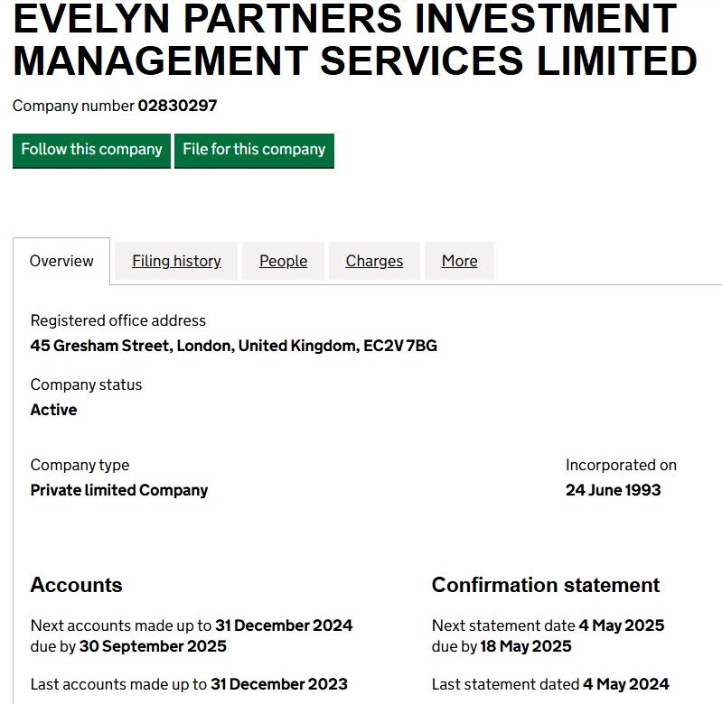 Evelyn Partners Investment Management Services Limited in the UK Companies House Register