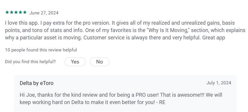 Feedback on the Delta Investment Tracker App