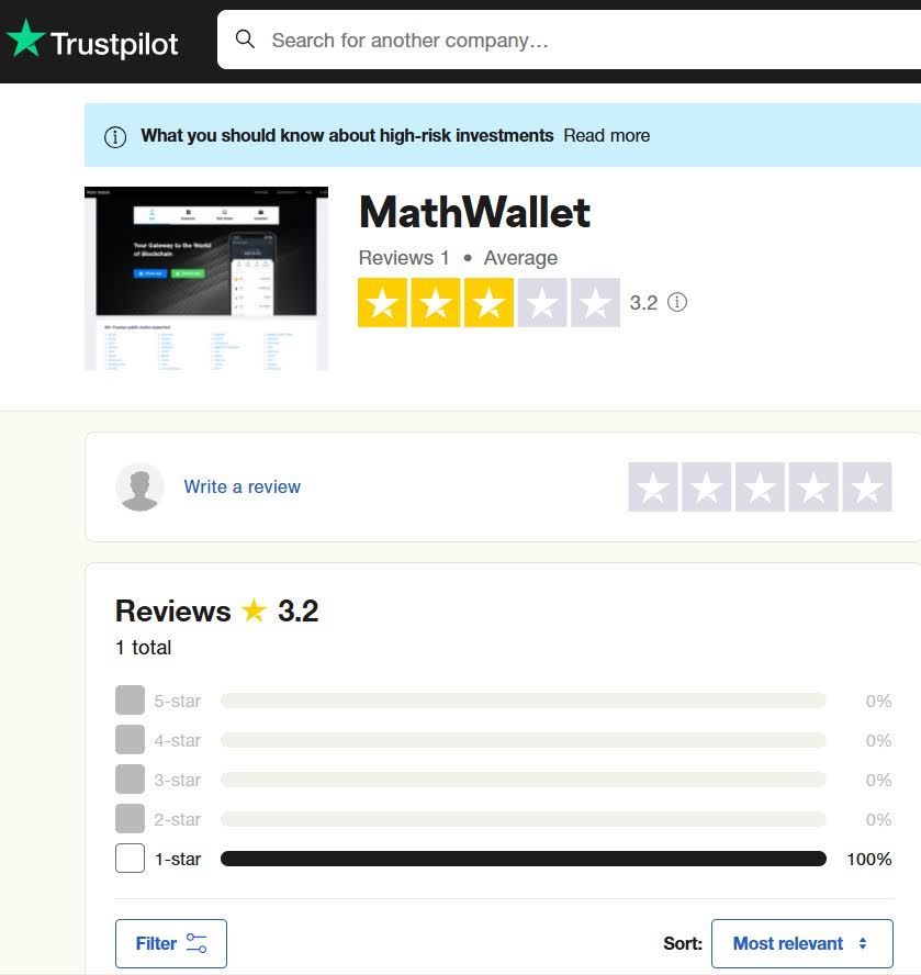 Math Wallet Trustpilot Page