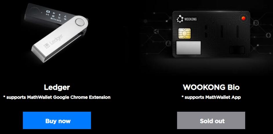Math Wallet and the option to link to either Ledger or WOOKONG Bio
