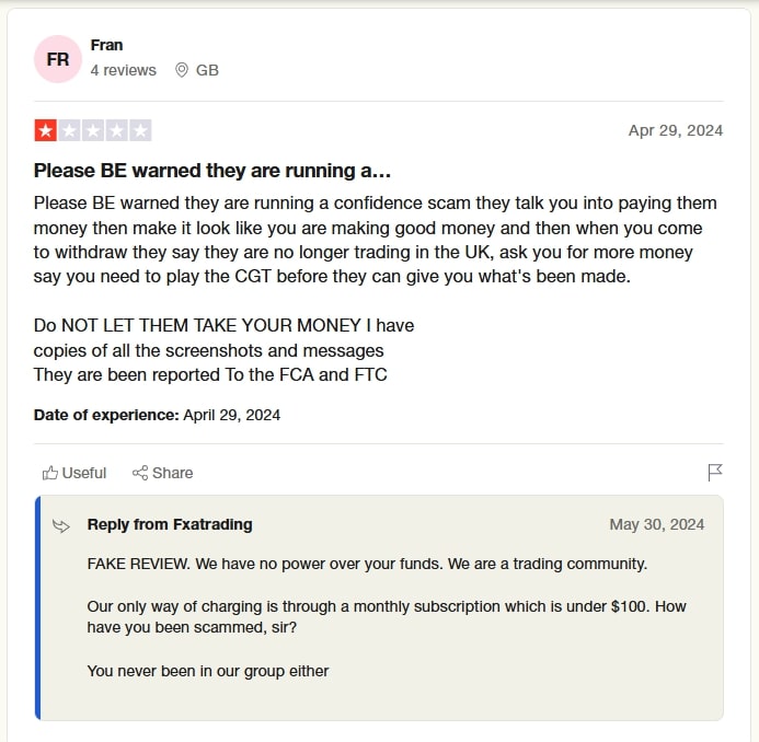 Negative feedback about FXA Trading on Trustpilot