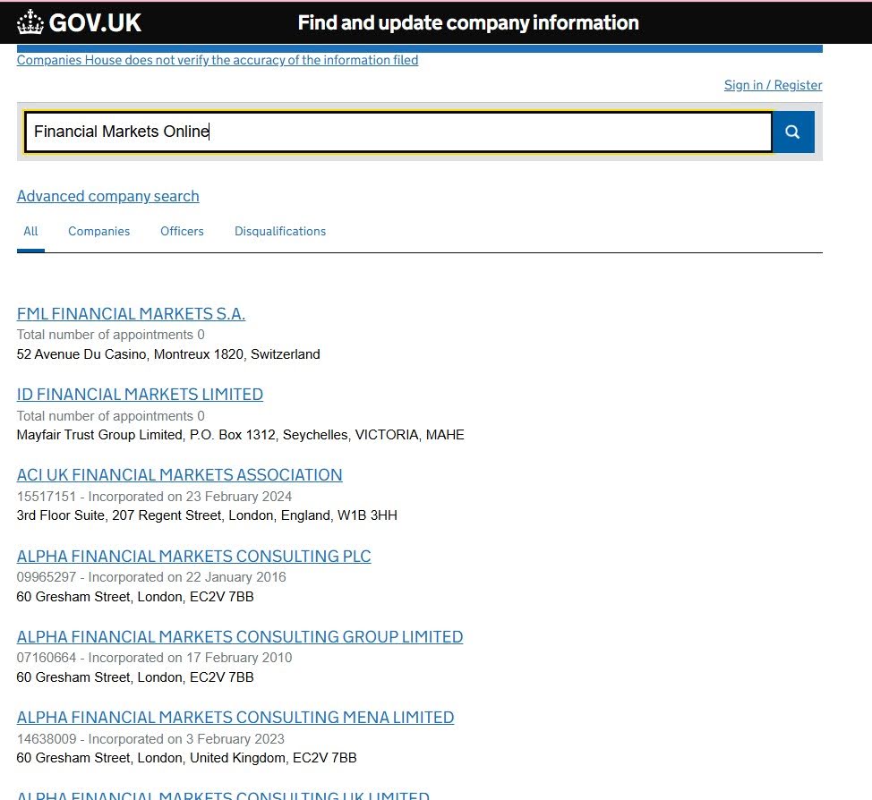 No Financial Markets Online organisation according to UK Companies House search results