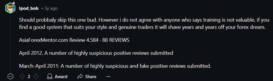 Scepticism about the suspicious number of positive reviews on Asia Forex Mentor from a Reddit commenter